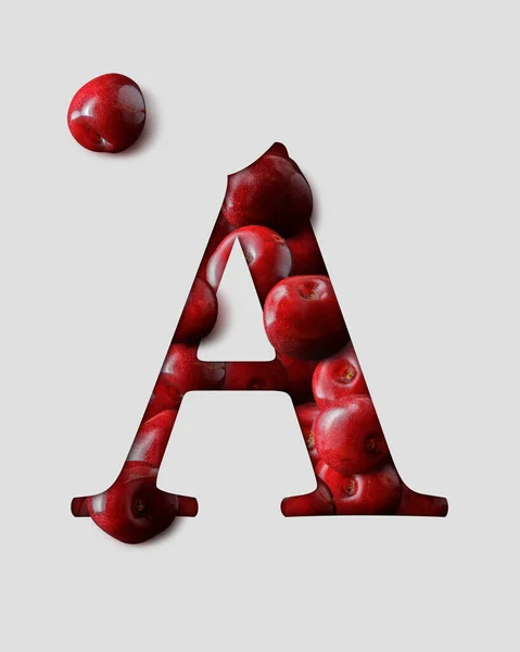 Carta A do alfabeto inglês criado a partir de cerejas. Carta de cereja 3D com sombra atrás de um papel cinza claro . — Fotografia de Stock