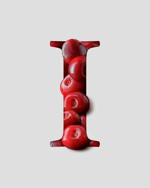 新鮮なおいしい赤いチェリーから作成されたアルファベットの3D文字 後に薄い灰色の背景から切り取られました 3Dテキスト用食品タイプ — ストック写真