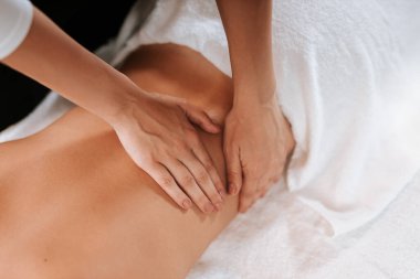 Masör ve hastasıyla güzellik tedavisi konsepti. Masör spa salonunda kadın vücuduna masaj yapıyor. Kahverengi kıvırcık saçlı ve kreol tenli güzel kız masaj yaptırıyor..