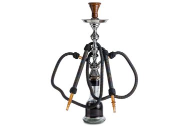 Isolated handcrafted hookah or water pipe on clear white background. Diferent parts of traditional shisha. clipart