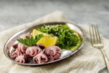 Geleneksel Asya yemekleri. Nefis haşlanmış ahtapot ve taze salata..