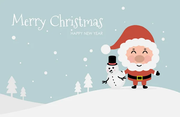 Mutlu Noeller ve yeşil arka planda şirin Noel Baba ve kardan adamla mutlu yıllar. Tatil karikatür karakter vektörü.