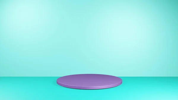 Zemin kattaki stüdyoda geometrik şekilli podyum, arka plandaki gibi. Ürün sunumu için platformlar, yeşil pastel ve mor renkler, 3d oluşturma