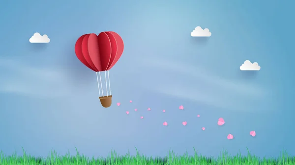 Gökyüzünde pembe bir kalple Bulut 'un üzerinde uçan balon. Ve gökyüzüne pembe kalp, vektör sanatı ve sevgi ve sevgililer günü dijital kağıt ustalığı çizimi. Kağıt sanatının arka plan sanatı..