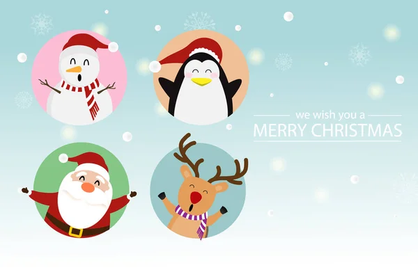 Mutlu Noeller ve güzel Noel Baba 'yla mutlu yıllar. Ren geyiği, penguen, yeşil arka planda kardan adam. Tatil karikatür karakter vektörü