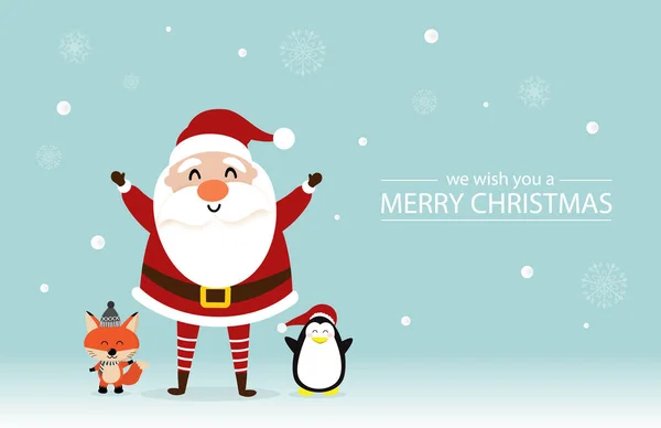 Mutlu Noeller ve mutlu yıllar şirin Noel Baba ve tilkiler, yeşil arka planda penguen. Tatil karikatür karakter vektörü