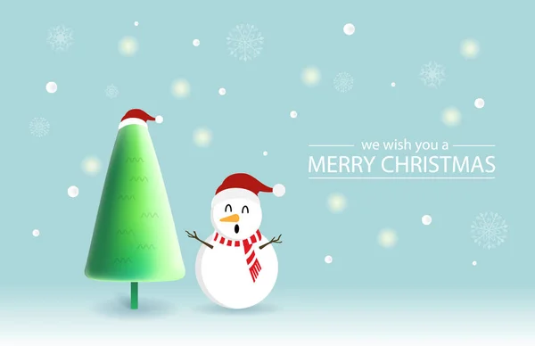  Mutlu Noeller ve yeşil arka planda sevimli Kardan Adam ve Noel ağacıyla mutlu yıllar. Tatil karikatür karakter vektörü