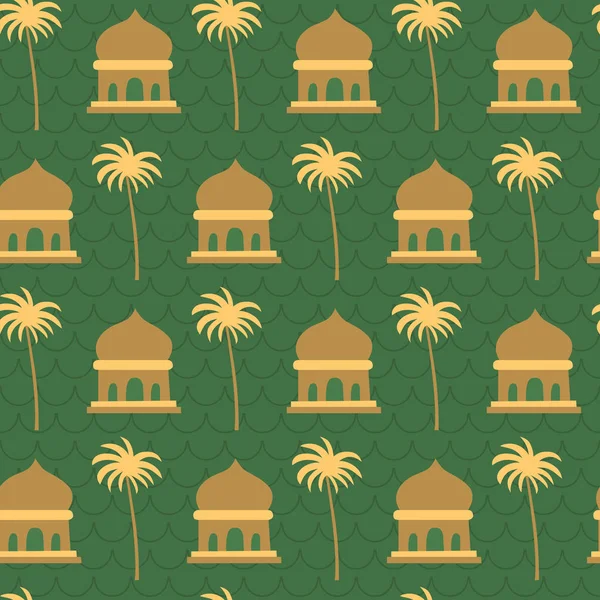 Mezquita Cocotero Patrón Ramadán Islámico Verde Patrón Lúdico Moderno Flexible — Archivo Imágenes Vectoriales