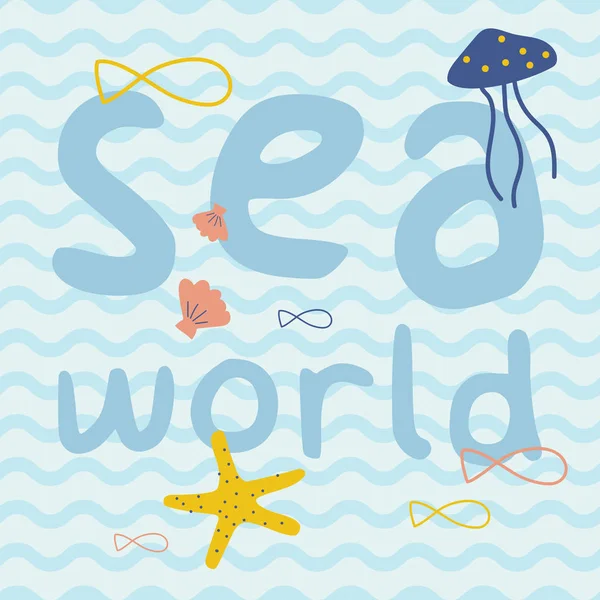 Морской Мир Рыбой Морской Звездой Медузами Плакатом Отпечатками Скорлупы Игра — стоковый вектор