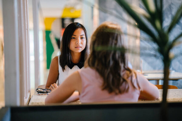 Two women colleagues have a business discussion in an office during the day. One is a Chinese Asian woman and the other a Caucasian White woman.