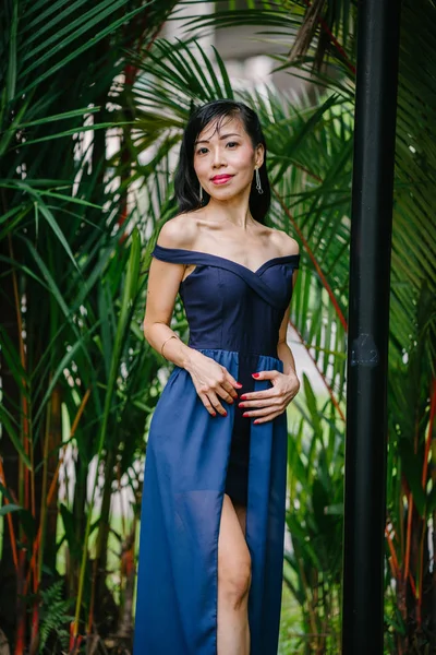 우아한 파란색 드레스 아시아에서 공원에서 포즈에 아시아 여자의 초상화 — 스톡 사진