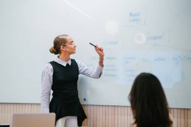 iki yeni proje ayakta modern ofisindeki söz duvar projeksiyon kullanarak iş kadını 