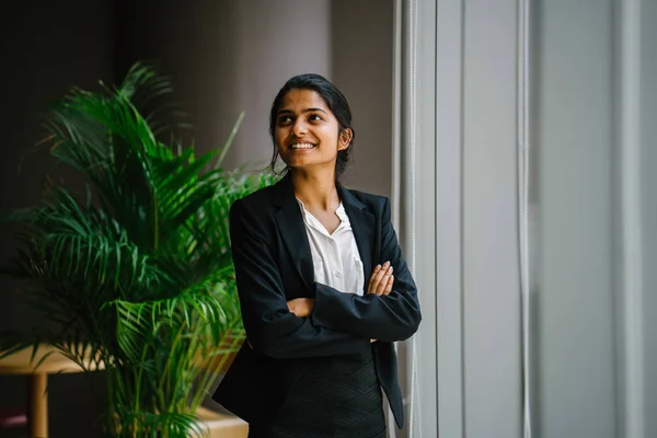 Portrait Young Smiling Businesswoman Standing Arms Crossed Window Meeting Room — Stock Photo, Image