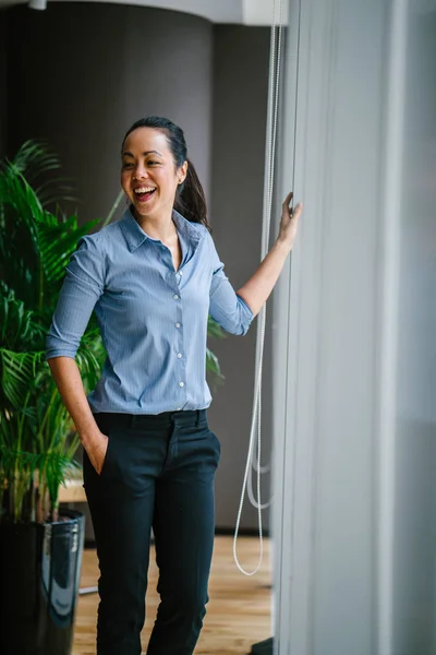 Portrait Young Confident Asian Businesswoman Laughing Standing Window — Stock Photo, Image