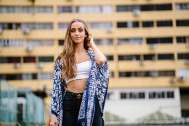 arka plan, açık portre bina uzun saç konumu olan güzel şık kadın