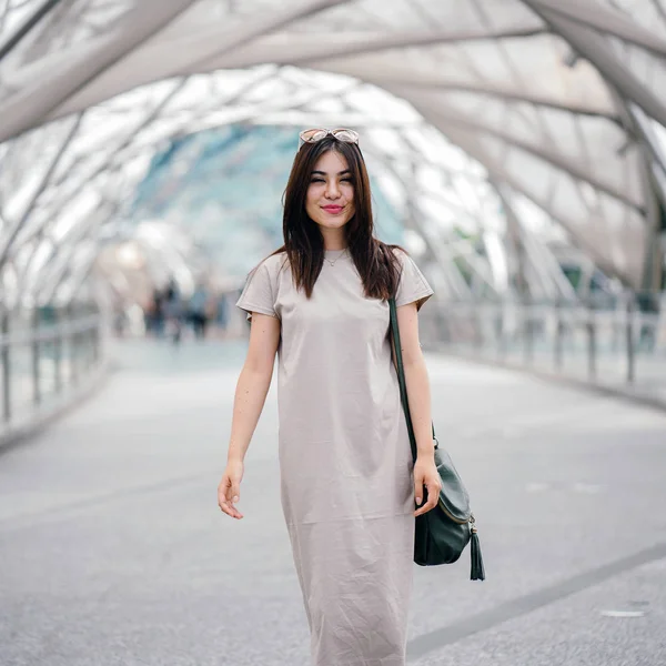 Happy Attractive Young Asian Woman Walking Street — Stock Photo, Image