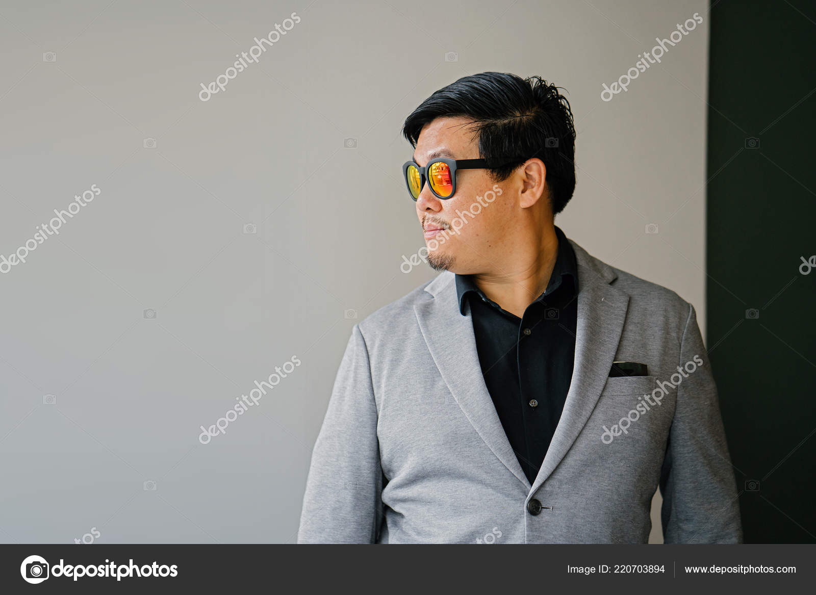 Portrait Chinese Asian Man Grey Suit Black Shirt Sunglasses