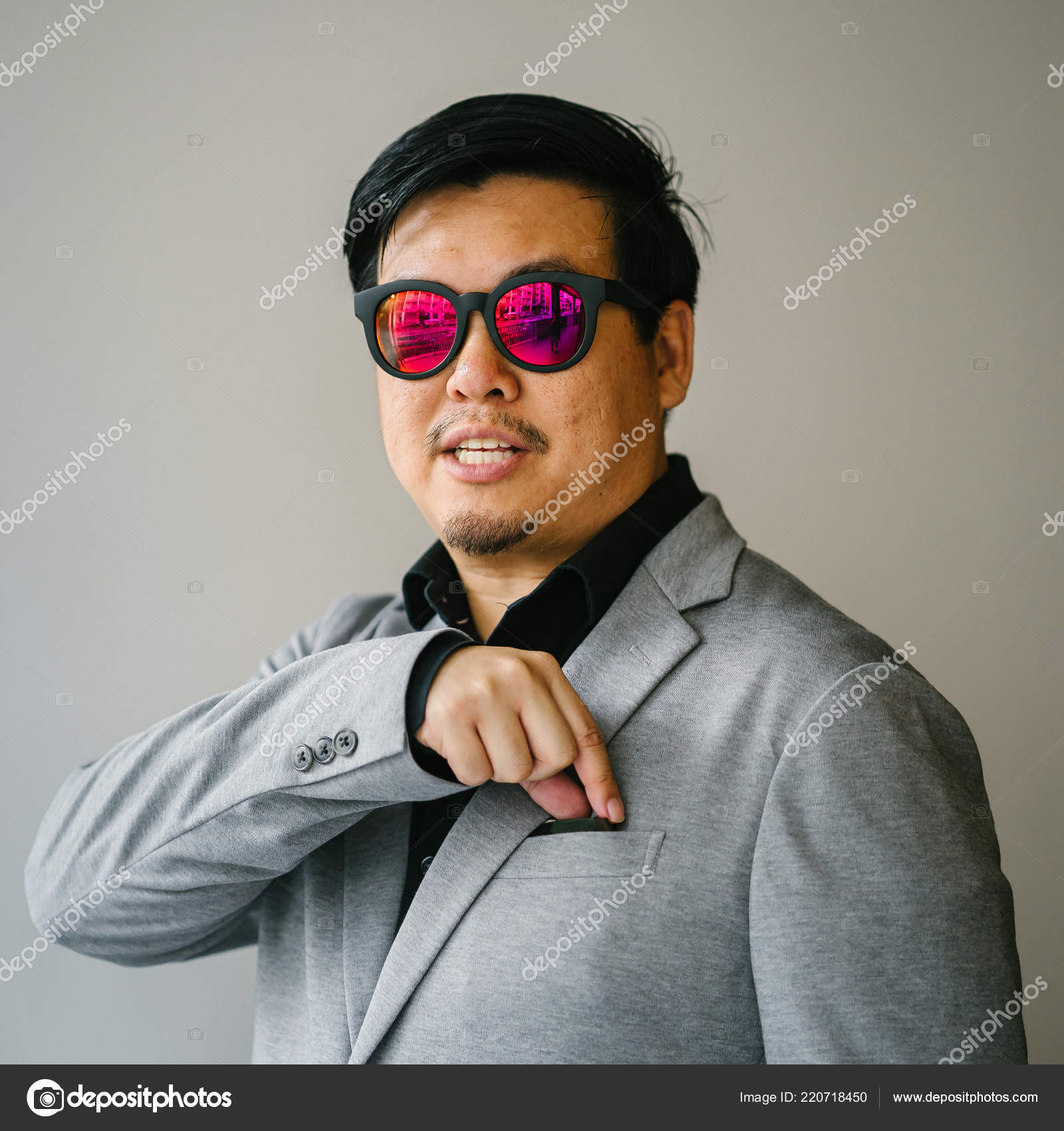 Portrait Chinese Asian Man Grey Suit Black Shirt Sunglasses