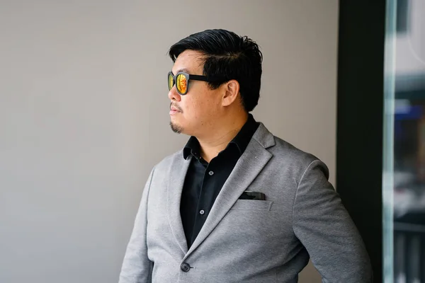 Portrait Chinese Asian Man Grey Suit Black Shirt Sunglasses Smart — Stock Photo, Image
