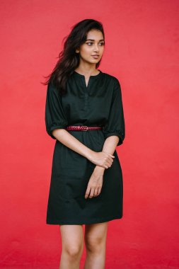 Kızıl stüdyo arka planına karşı güzel, genç ve çekici bir Hintli kadının stüdyo portresi. Zarif giyinmiş.