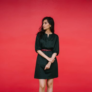 Kızıl stüdyo arka planına karşı güzel, genç ve çekici bir Hintli kadının stüdyo portresi. Zarif giyinmiş.