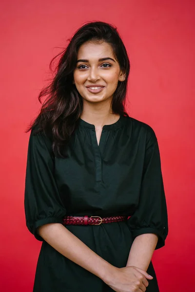 Studio Portrait Beautiful Young Attractive Indian Asian Woman Red Studio — Stock Photo, Image