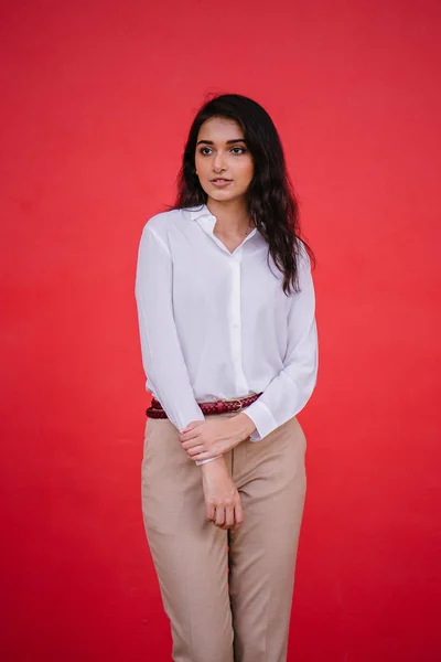 Studio Portrait Beautiful Young Attractive Indian Asian Woman Red Studio — Stock Photo, Image