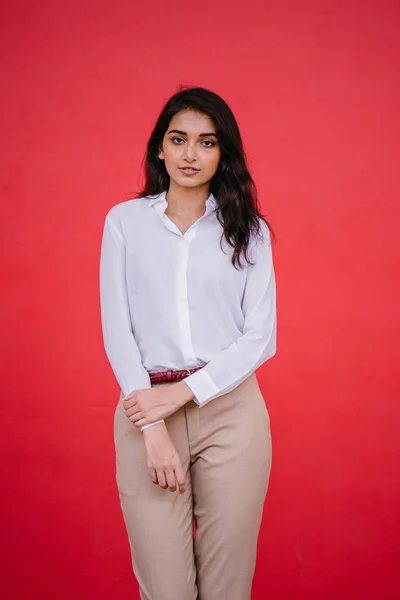 Studio Portrait Beautiful Young Attractive Indian Asian Woman Red Studio — Stock Photo, Image