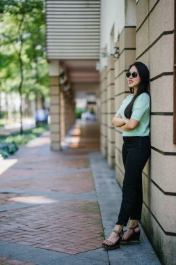 Gün boyunca bir taş duvara yaslanmış genç, seksi ve göz alıcı Asyalı bir kadının portresi. Siyah pantolonuna uyacak nane yeşili bir kazak giyiyor.