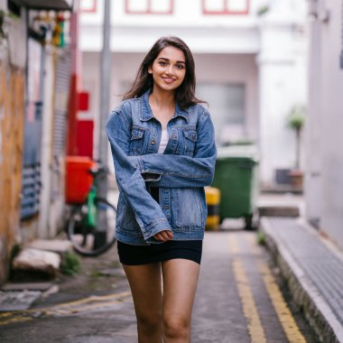 gün boyunca şehrin sokakta yürürken uzun boylu, genç ve zarif Hint Asyalı bir kadın. O bir retro Kot ceket giyiyor