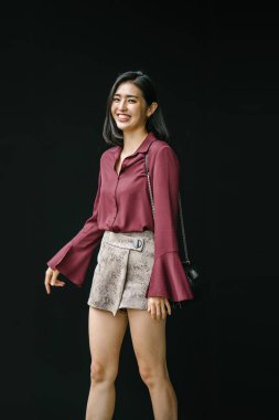 Stüdyo portre bir genç, güzel ve zarif Kore Asya kadının bir ipek bluz ve mini etek.