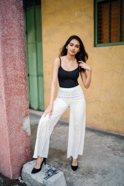 Genç, uzun boylu, ince ve zarif Hint Asyalı kadın Asya bir sokakta gündüz poz bir gündelik kıyafeti