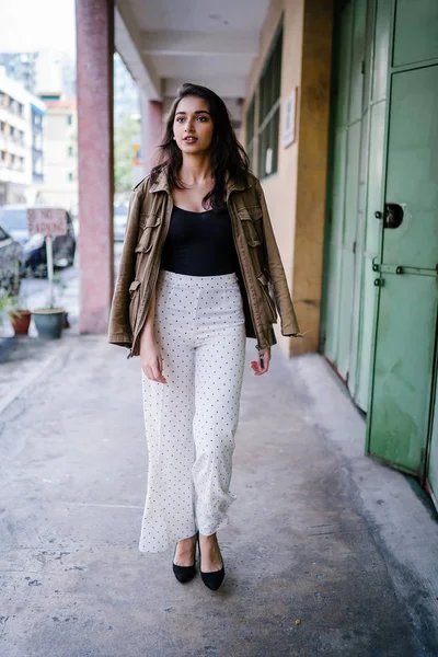 Gün boyunca bir geçit Asya'da bir şehirde yürürken bir uzun boylu, güzel, ince ve zarif Hint Asyalı kadın portresi. O zarif giyindi ve bir ceket omuzları üzerinde bol dökümlü vardır.