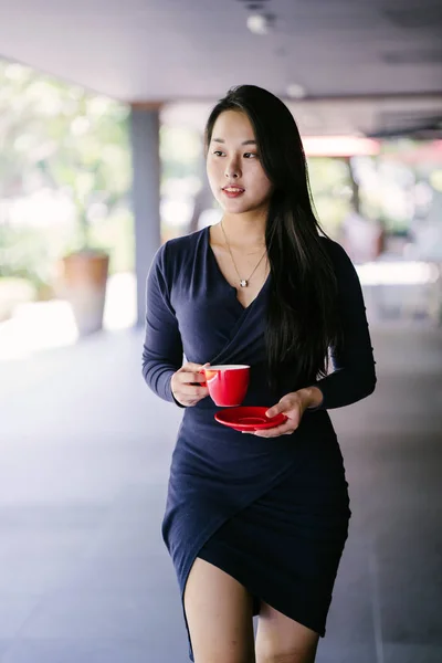Retrato Uma Jovem Bela Mulher Chinesa Asiática Vestido Azul Elegante — Fotografia de Stock