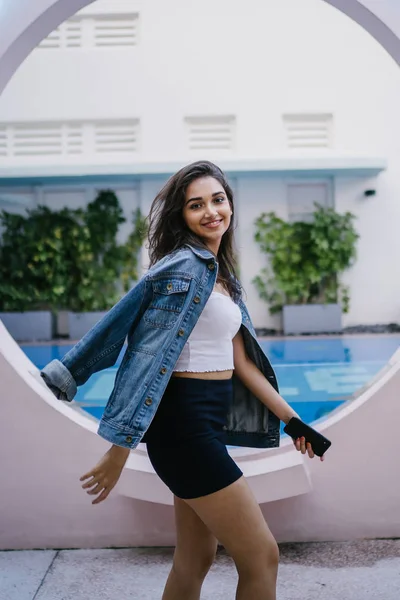 Portrait Beautiful Young Attractive Indian Asian Woman White Top Blue — Stock Photo, Image