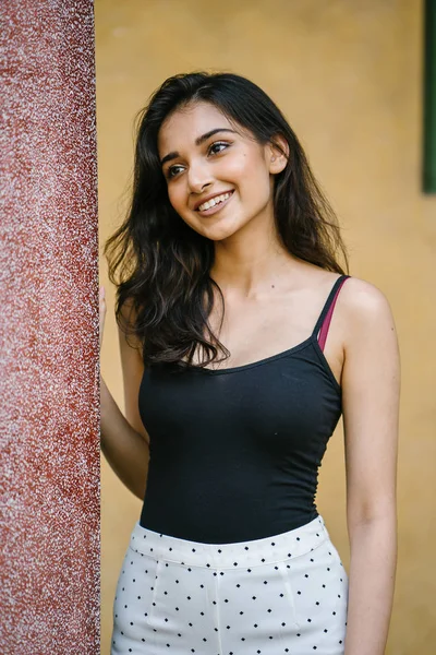 Portrait Young Attractive Beautiful Indian Asian Girl Fitting Black Top — Stock Photo, Image