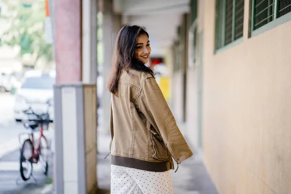 Portrait Tall Beautiful Slim Elegant Indian Asian Woman Walking Walkway — Stock Photo, Image