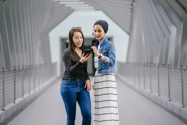Два Друга Разных Национальностей Мосту Течение Дня Одна Малайская Мусульманка — стоковое фото