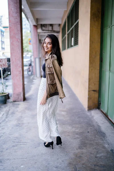 Portrait Tall Beautiful Slim Elegant Indian Asian Woman Walking Walkway — Stock Photo, Image