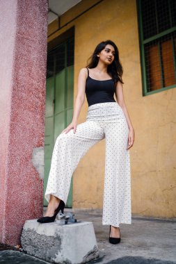 Genç, uzun boylu, ince ve zarif Hint Asyalı kadın Asya bir sokakta gündüz poz bir gündelik kıyafeti