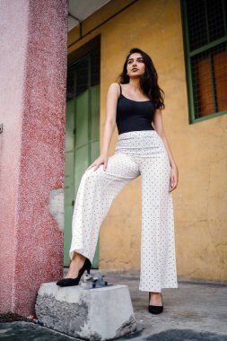 Genç, uzun boylu, ince ve zarif Hint Asyalı kadın Asya bir sokakta gündüz poz bir gündelik kıyafeti