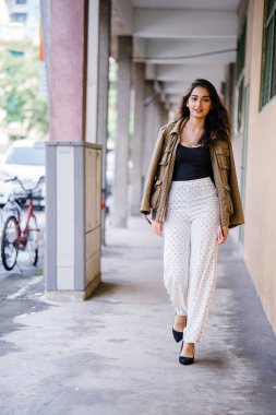 Gün boyunca bir geçit Asya'da bir şehirde yürürken bir uzun boylu, güzel, ince ve zarif Hint Asyalı kadın portresi. O zarif giyindi ve bir ceket omuzları üzerinde bol dökümlü vardır.