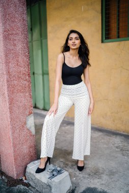 Genç, uzun boylu, ince ve zarif Hint Asyalı kadın Asya bir sokakta gündüz poz bir gündelik kıyafeti