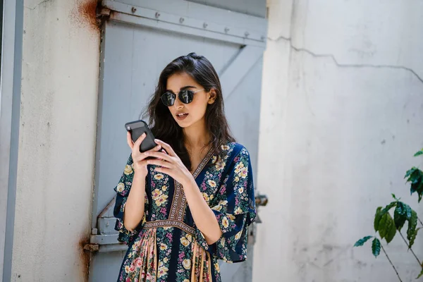 Portrait Young Attractive Beautiful Indian Asian Woman Wearing Dress Sunglasses — Stock Photo, Image