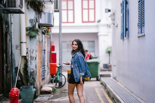 Portrait Young Attractive Indian Asian Woman Denim Jacket Yellow Backpack — Stock Photo, Image