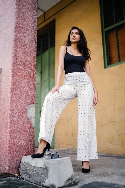 Genç, uzun boylu, ince ve zarif Hint Asyalı kadın Asya bir sokakta gündüz poz bir gündelik kıyafeti