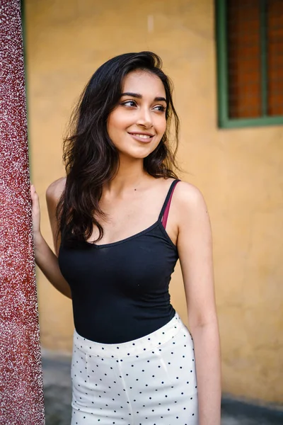 Portrait Young Attractive Beautiful Indian Asian Girl Fitting Black Top — Stock Photo, Image