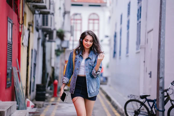 Portrait Young Attractive Indian Asian Woman Denim Jacket Yellow Backpack — Stock Photo, Image