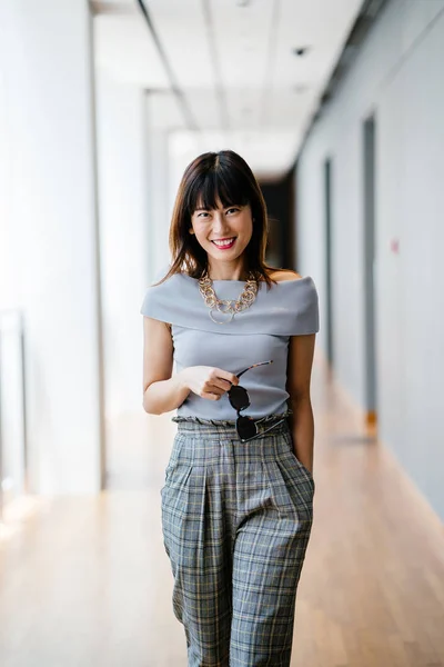 Portrait Middle Aged Mature Asian Chinese Woman Smart Casual Grey — Stock Photo, Image