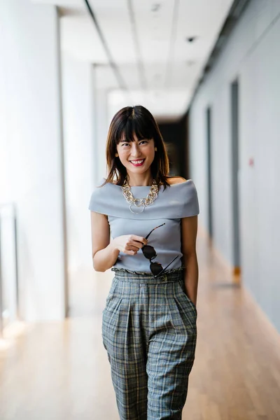 Portrait Middle Aged Mature Asian Chinese Woman Smart Casual Grey — Stock Photo, Image